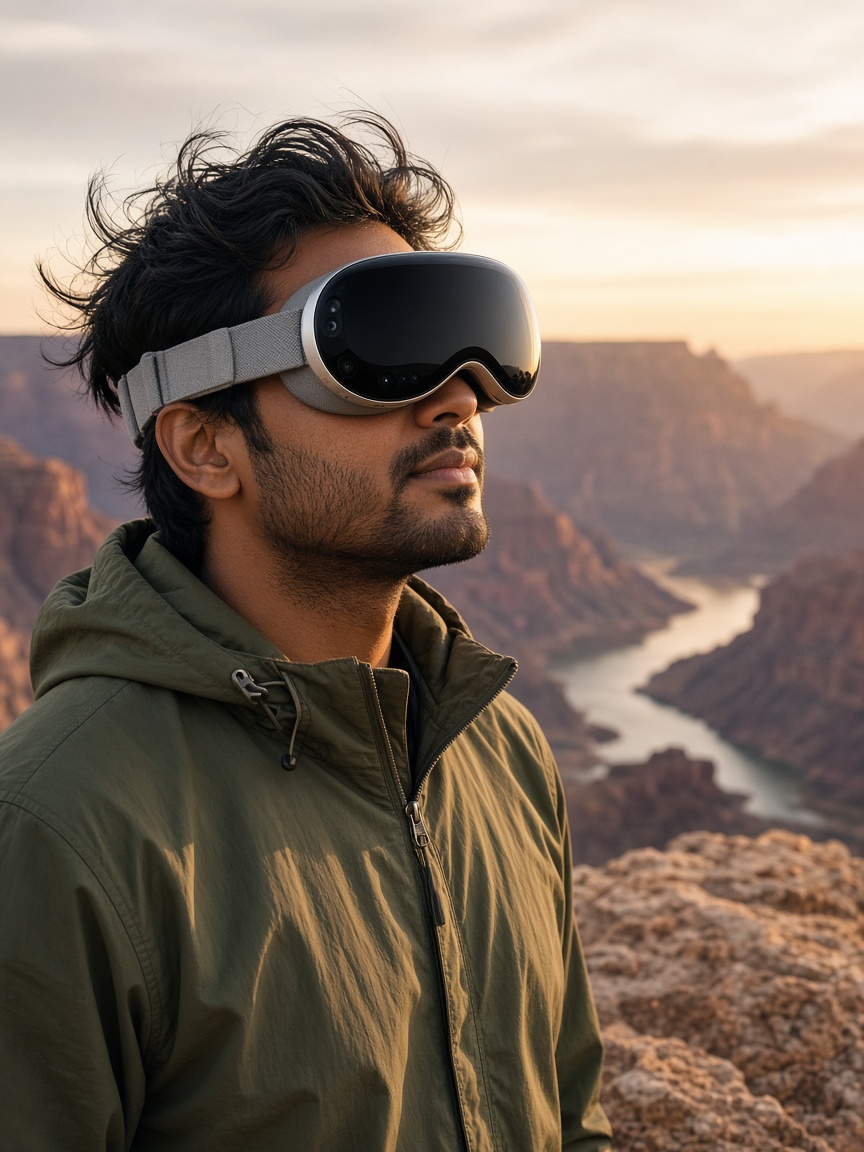 Creator wearing a spatial headset at a canyon overlook