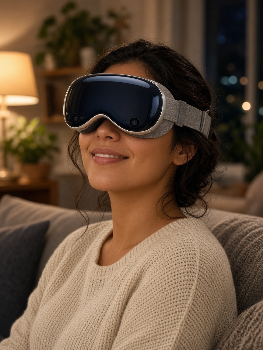 Creator wearing Vision Pro in a living room