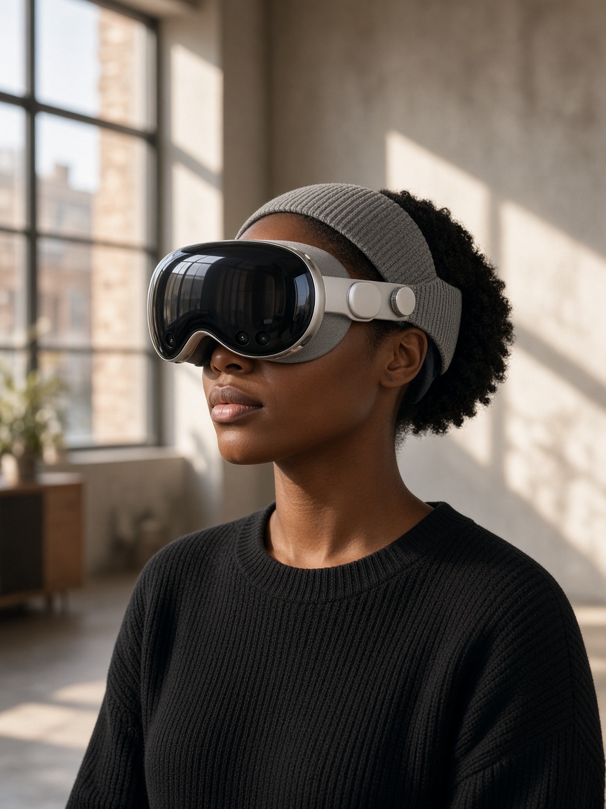 Creator wearing a spatial headset in a sunlit loft