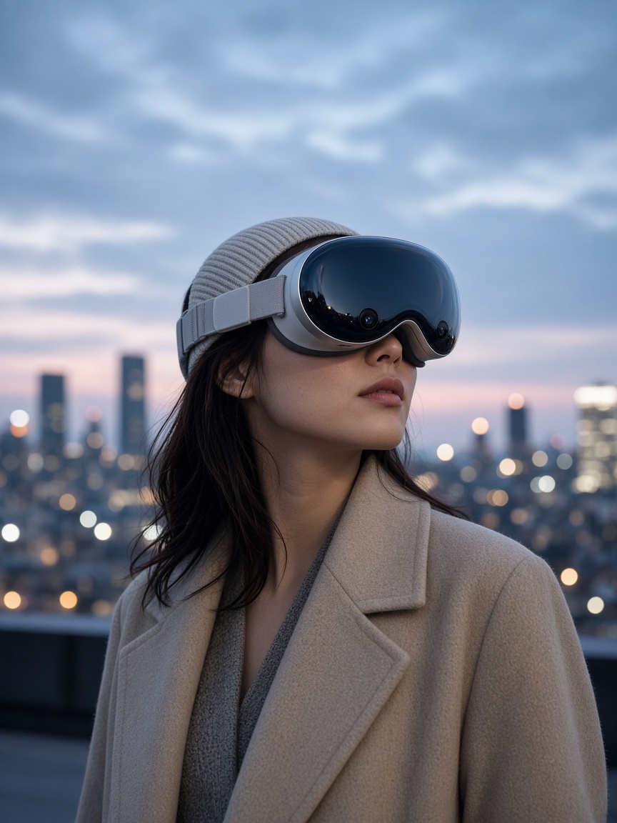 Creator wearing a spatial headset on a rooftop at dusk