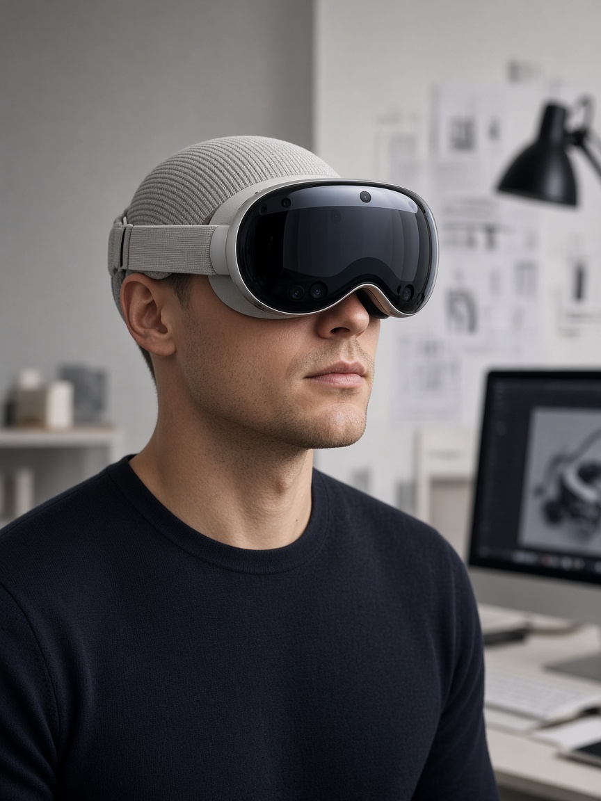 Creator wearing Vision Pro in a design studio