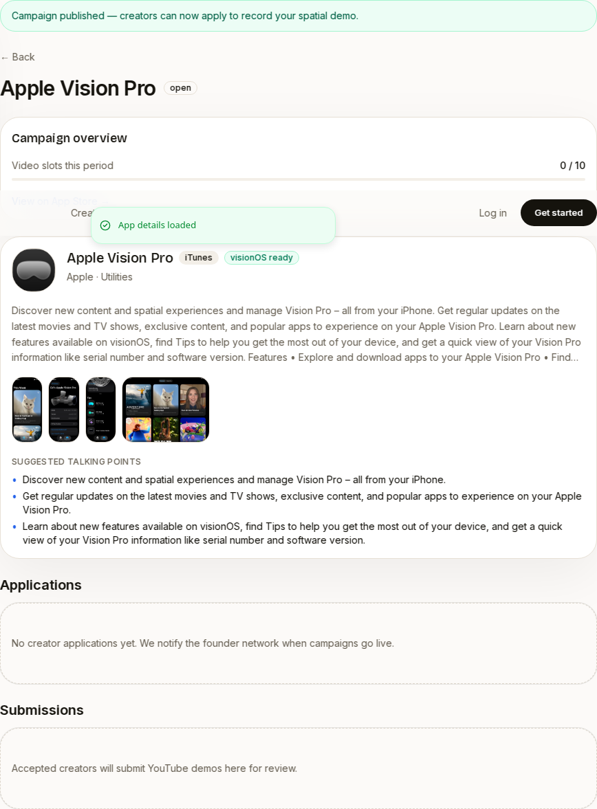 Campaign submissions and applications review in the developer dashboard